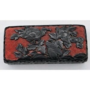 Antique Chinese Cinnabar Lacquer 2 pc Covered Trinket Box Black Over Red